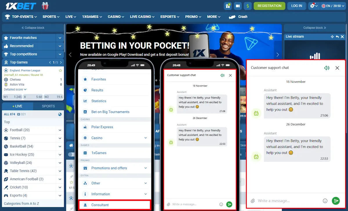 1xBet Live Chat Desktop and Mobile Screenshot